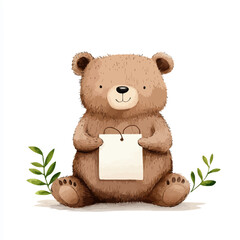 Teddy Bear with Blank Card: An adorable teddy bear, holding a blank card, sitting on a soft surface with delicate foliage. perfect for conveying warmth, love, and personalization.