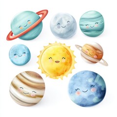 Cute Cartoon Planets and Sun with Smiling Faces for Kids' Decor