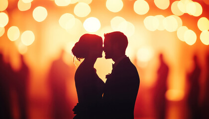couple shares romance moment during their first dance at wedding, silhouetted against backdrop of glowing lights, creating magical