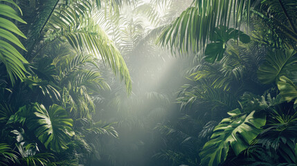 Lush vibrant green tropical rainforest foliage with sunlight streaming through dense leaves creating a mystical atmospheric path into the jungle depths.