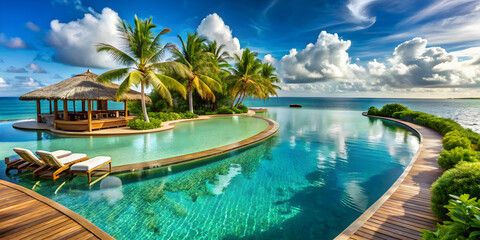 Obraz premium Private island resort with an infinity-edge lagoon pool