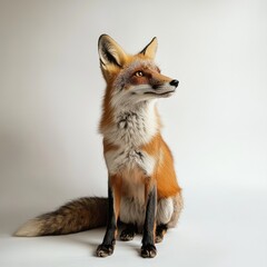 Fototapeta premium Red fox portrait. A stunning image of a red fox, sitting attentively and looking upward, against a neutral backdrop. 