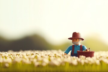 Farmer tending to crops in a blooming field