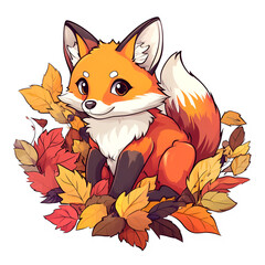 Obraz premium Playful fox surrounded by colorful autumn leaves nature scene illustrative art whimsical environment close-up view