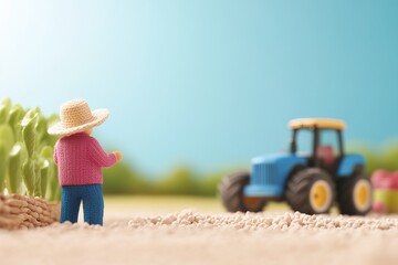 Miniature farmer watches tractor in vibrant landscape
