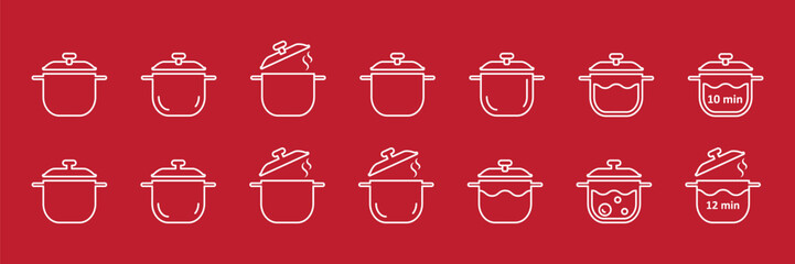 Set of white linear icons of pots or pans on red background. Linear icons of pots with cooking time. Boiling pan with steam vector illustration. Boiling pan for cooking recipe illustration.