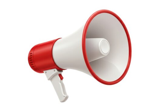 A red and white megaphone with a handle and a red rim isolated on a white background in a studio shot