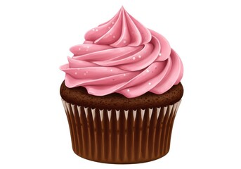 A chocolate cupcake with pink frosting and sprinkles on a white background in a digital illustration