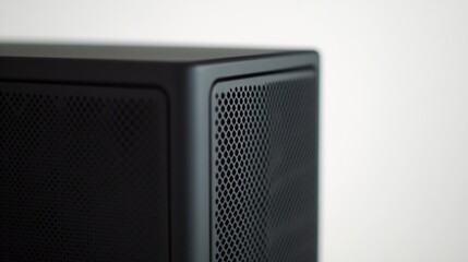 Obraz premium 32.A close-up of a black speaker with a rectangular design, highlighting the intricate mesh pattern on its front face and the clean, matte finish against a pristine white background.