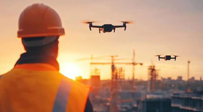 Construction worker overseeing site with drones at sunset. Modern site management, safety and innovation.