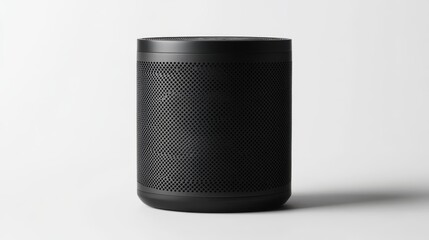 Obraz premium 34.A side view of a compact black speaker against a white background, revealing the subtle texture of its body, the metallic accents around the controls, and the perforated front grille.