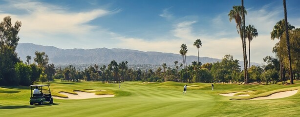 Scenic view of a verdant golf course with players, palm trees, sand traps, and distant mountains under a blue sky.