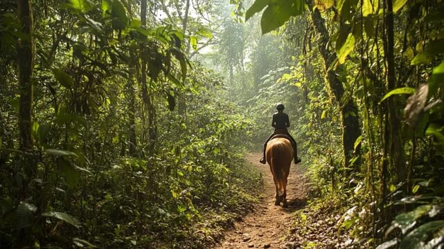 Horse riding through lush tropical forest