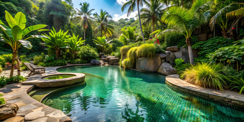 Natural stone pool surrounded by tropical gardens