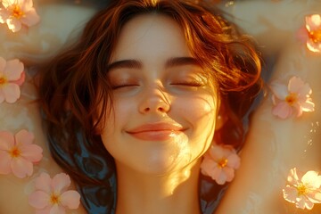 Pretty caucasian young woman surrounded by cherry blossoms. Commercial ad visual idea. Spring mood, golden hour in sunset. Vibrant woman in cherry blossoms. Woman posing under cherry blossoms.