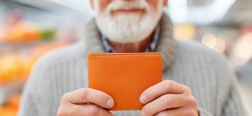 financial trouble budget assistance concept. An elderly man holds an orange wallet in a store setting.