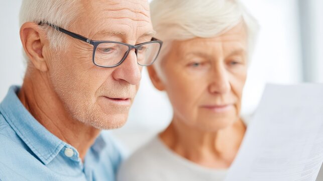 financial trouble budget assistance concept. Elderly couple reviewing important documents together.