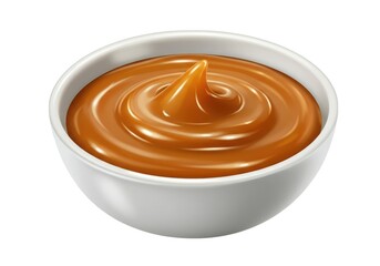 A bowl of caramel sauce with a swirl on top sitting on a white background ready to be served soon