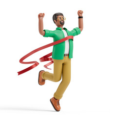 A man breaks through a red ribbon, symbolizing achievement and overcoming challenges. 3D rendering, conceptual image. Isolated on white background.