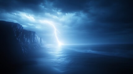 Naklejka premium Lightning strikes dramatic cliffside lab bebe robotics artificial intelligence innovation solar power revolution dark stormy environment futuristic viewpoint