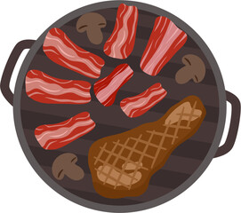 Overhead View of Grilled Steak, Bacon, and Mushrooms on a Cast Iron Pan