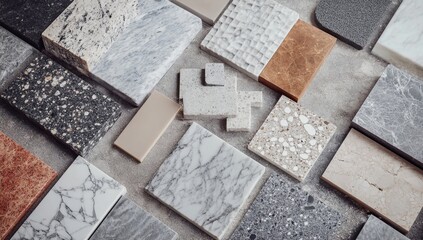 Diverse selection of  stone and composite materials for interior design.  Variety of colors, textures, and patterns displayed
