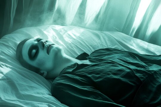 Strange medical condition. Reality vs illusion. Hallucination - due to sleep paralysis: abstract image of physical state. Metaphorical sleep paralysis perceptions of a mental illusion.