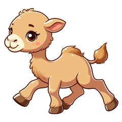 Charming cartoon illustration of a cute, light brown baby camel with big, adorable eyes and a fluffy appearance. Represents cute animals, desert wildlife, and children's themes.