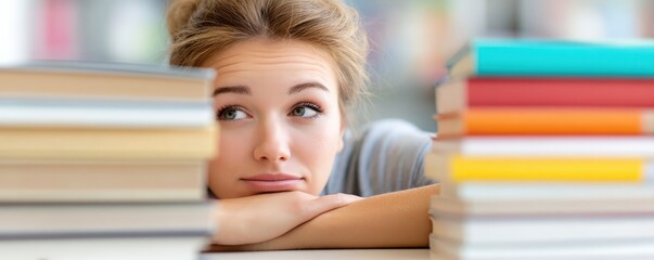 financial trouble budget assistance concept. Student looks bored amidst a pile of books at a study desk.