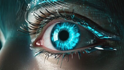 Close up of human eye with digital technology interface, glowing blue iris pupil, robotic enhancements, and binary code in a futuristic cyberpunk concept blending biology and artificial intelligence.