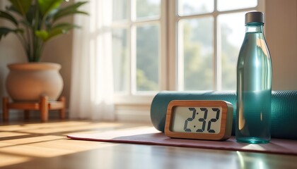 Yoga mat water bottle and clock wooden surface near sunlit window representing wellness preparation