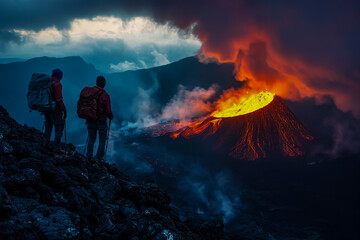 A captivating image of two climbers standing on a mountainside, their backpacks overflowing, as they witness a fiery volcanic eruption under a dark twilight sky.