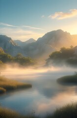Fototapeta premium Golden morning light graces the calm water of both lake and river under a vast sky with soft clouds