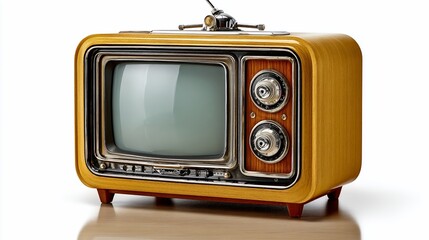 Yellow retro TV, dark screen, wooden details, shiny knobs, metallic antenna