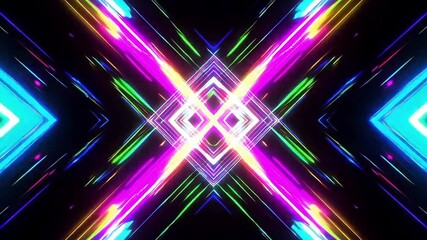 Kaleidoscopic neon lights forming symmetrical diamond patterns on dark backdrop - Powered by Adobe