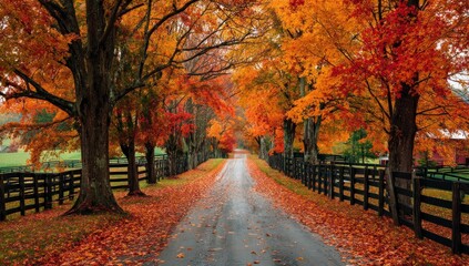 Driving on Autumn Road Covered with Colorful Leaves and Wooden Fence