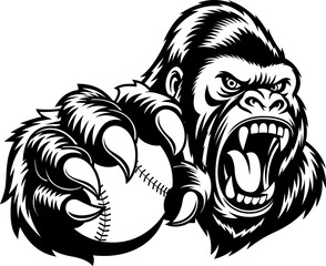 Angry Gorilla Holding Baseball Ball In Black And White