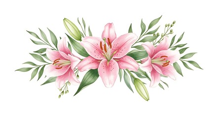 Obraz premium Blushing Pink Lilies: Delicate Watercolor Floral Arrangement AI Generated