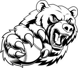 Black And White Angry Bear With Baseball Ball