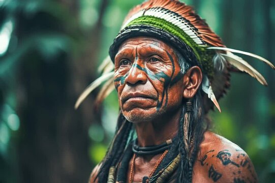 Portrait of a chief of an Amazon tribe dressed in ceremonial dress
