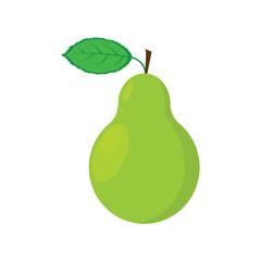 Pear. A ripe green pear with a green leaf. Fresh garden fruit. Vegetarian product. The vector illustration is isolated on a white background
