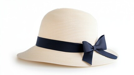 Elegant Straw Hat With Navy Bow Tie