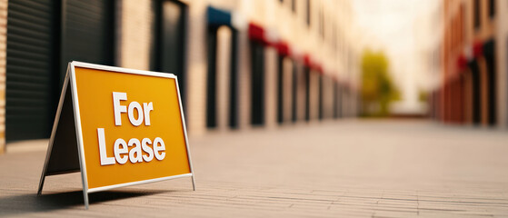For lease sign in business district, available commercial space. vibrant orange color draws attention, potential tenants to explore opportunities