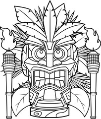 Angry Tiki Mask Coloring Page With Torches And Leaves