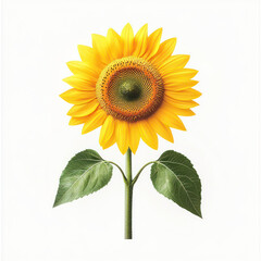 Fototapeta premium bright yellow sunflower with vibrant petals and green leaves stands tall against white background, radiating warmth and cheerfulness