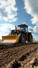 Obraz premium Yellow motor grader leveling dirt road in rural setting, heavy machinery scene, 3D illustration