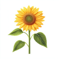Obraz premium bright yellow sunflower with vibrant petals and green leaves stands tall against white background, symbolizing warmth and positivity