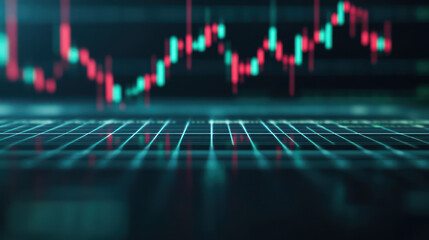 Dynamic trading chart with green and red candlesticks, ing market trends and fluctuations. grid background adds depth to financial analysis