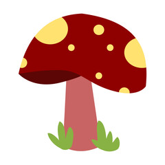 Maroon Toadstool with Yellow Dots and Green Grass Illustration