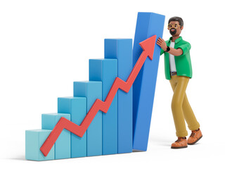 A man leans on a rising bar graph, symbolizing success or growth. 3D rendering, conceptual image. Isolated on white background.